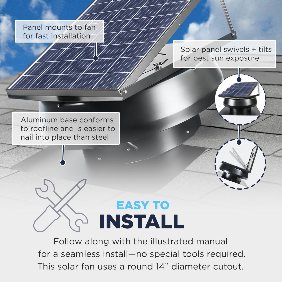 1,280 CFM Steel Solar Powered Roof Mount Attic Ventilator with Adjustable Mounted 50W Solar Panel