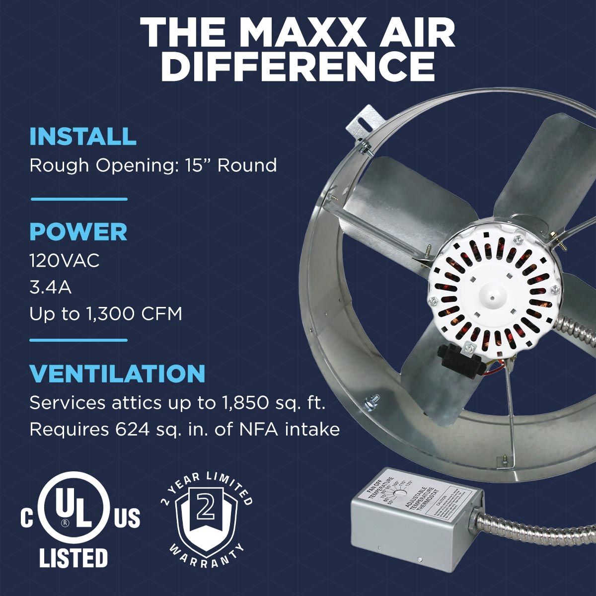 1,300 CFM Gable Mount Power Attic Ventilator